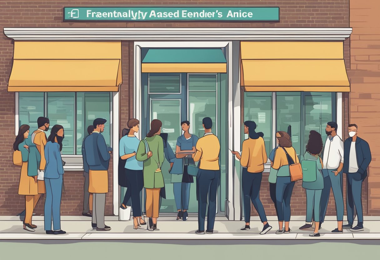 A group of people lining up at a dynamic money lender's office, with a sign displaying "Frequently Asked Questions" prominently