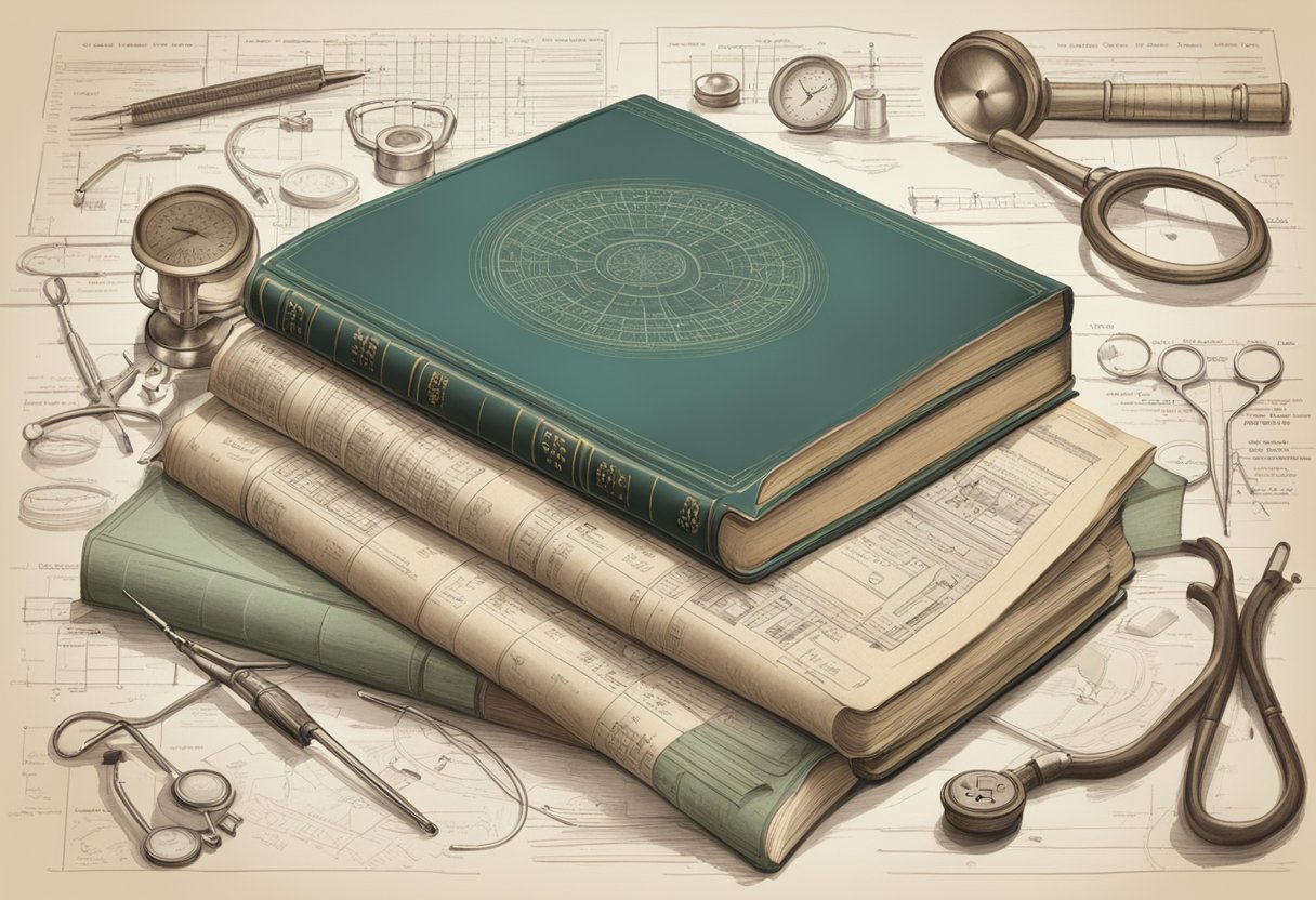 A stack of old medical textbooks with titles related to cardiology, surrounded by vintage medical instruments and diagrams