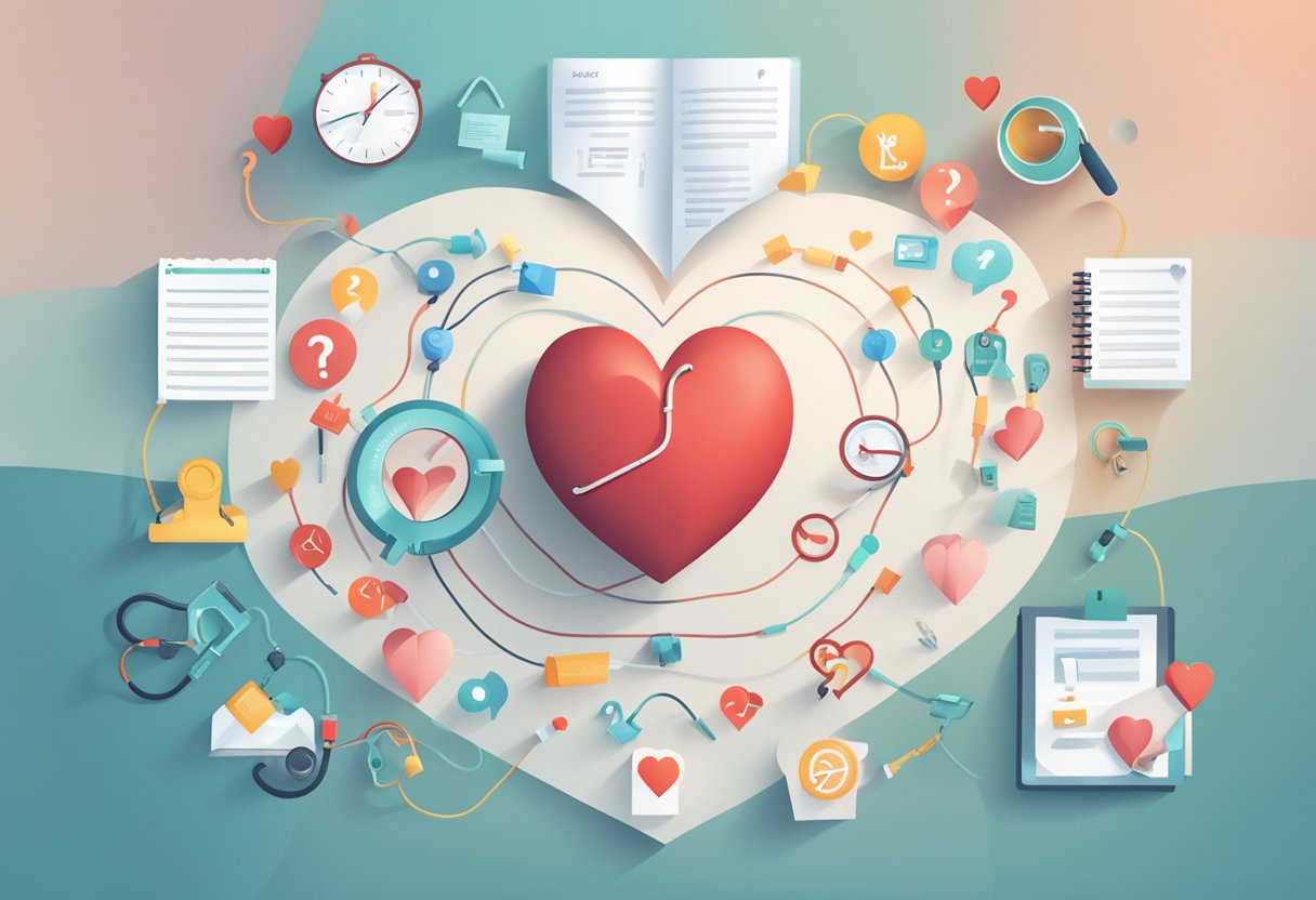 A heart-shaped lifeline symbol surrounded by frequently asked questions at the heart centre