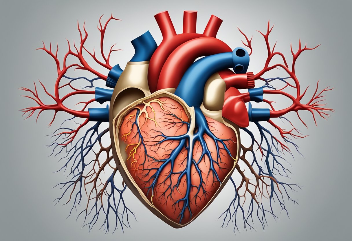 A heart surrounded by arteries with plaque buildup, causing blockages