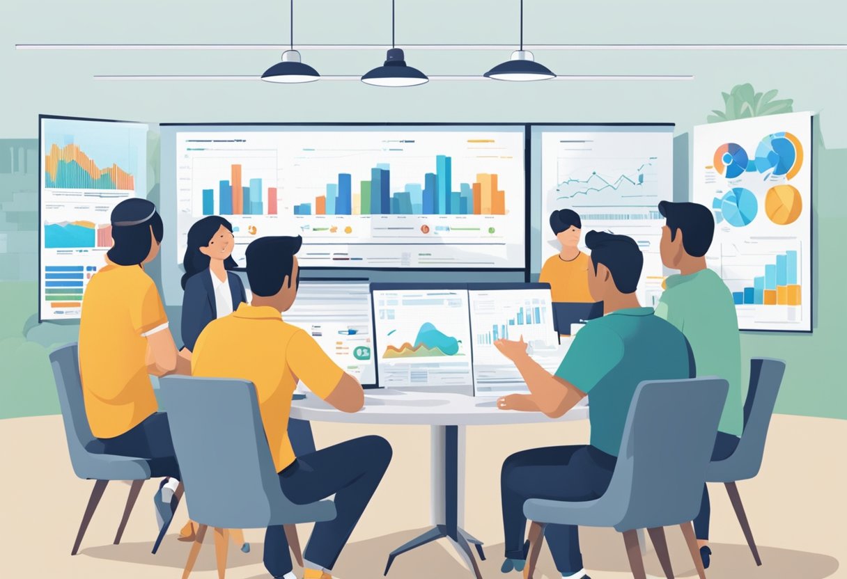 A group of borrowers sit around a table, discussing best practices for borrowing from a licensed money lender in Singapore. Charts and graphs are displayed on the walls, and everyone is engaged in the conversation