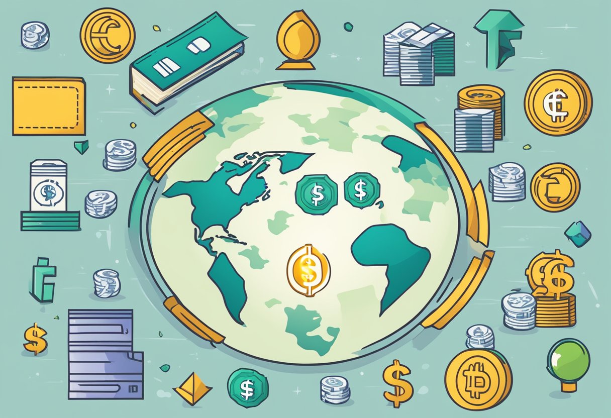 International money lenders logo surrounded by globe, currency symbols, and FAQs