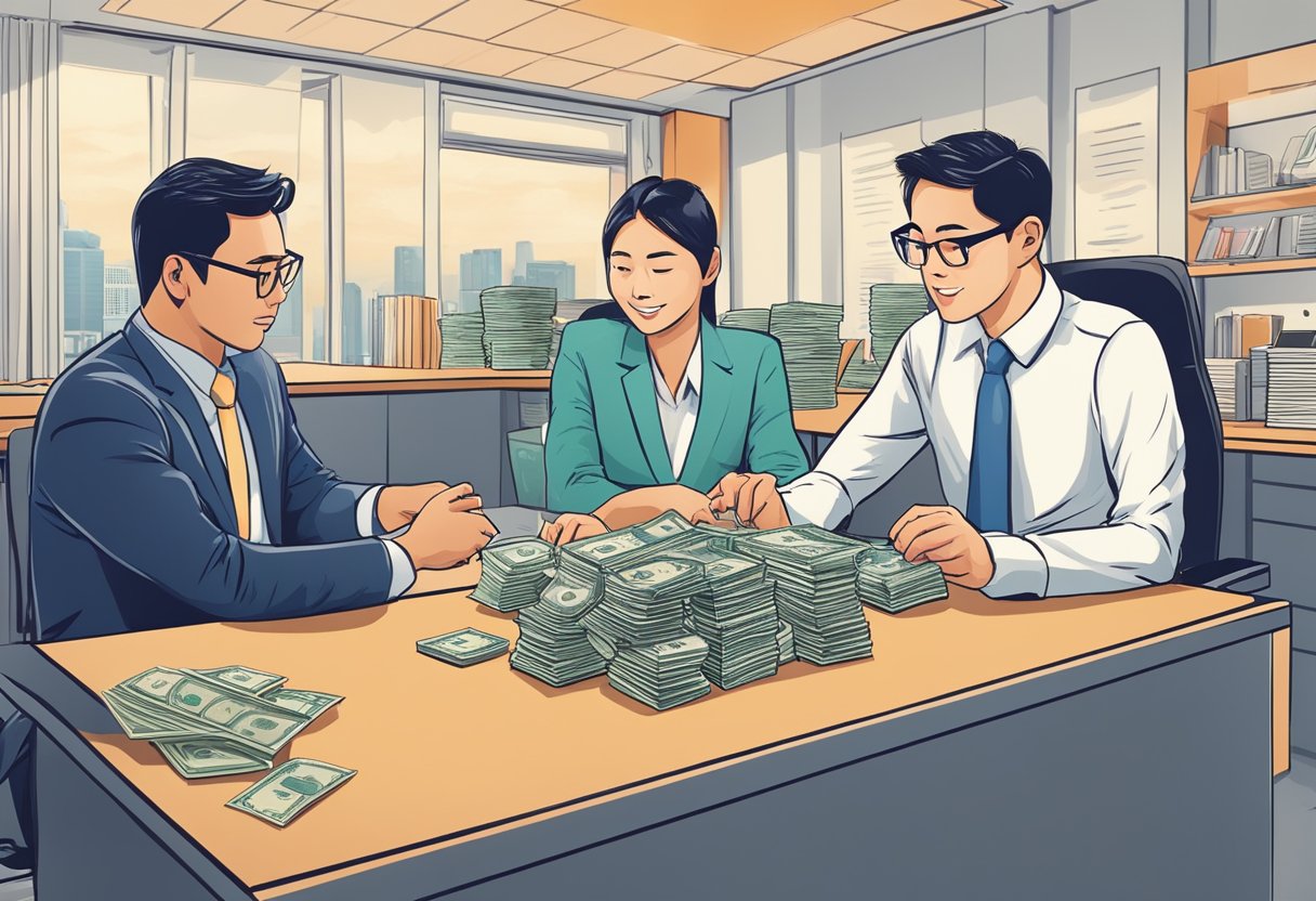 A money lender sits at a desk in a brightly lit office, counting cash and discussing terms with a client in Geylang Bahru