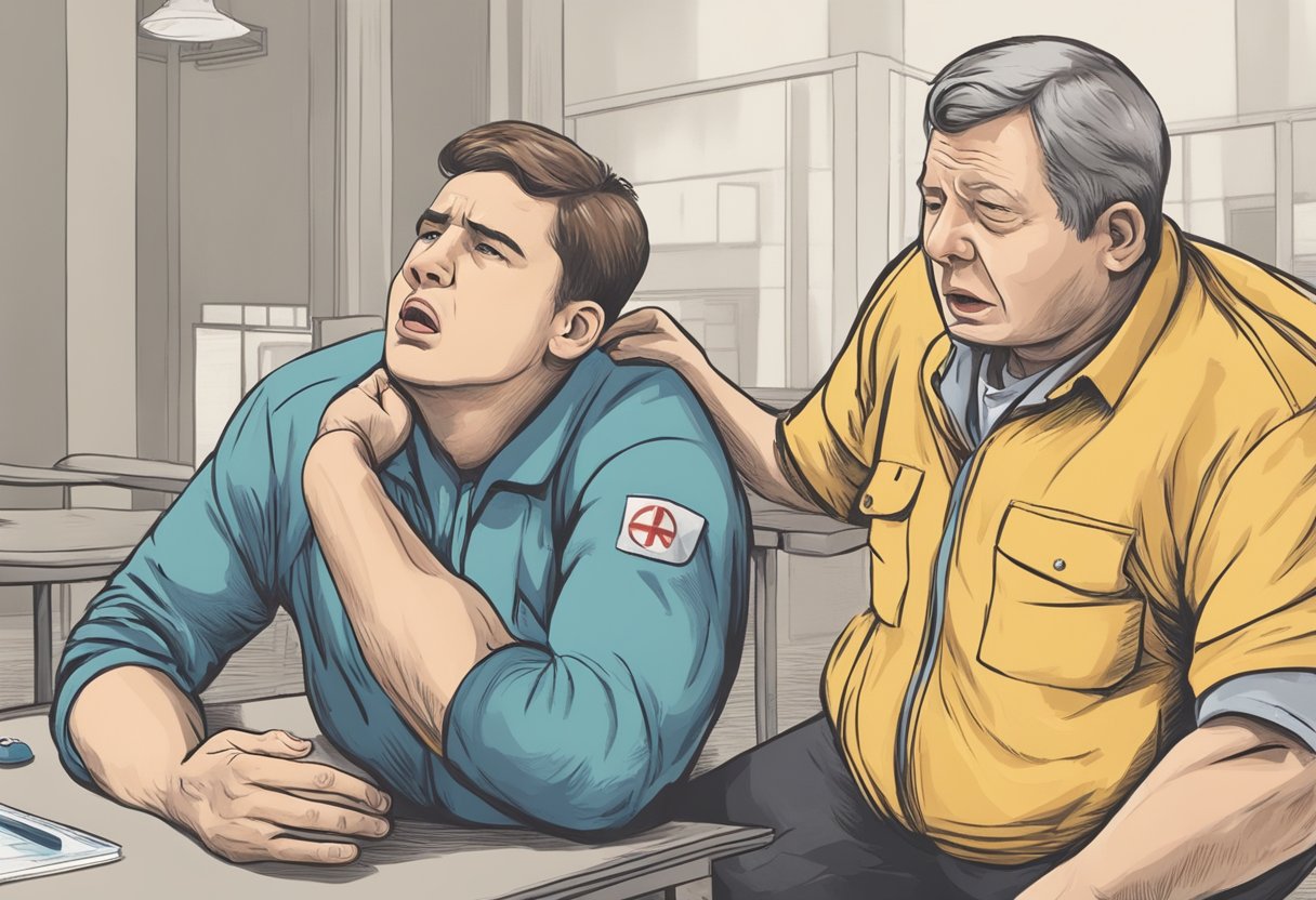 A person clutching their chest, sweating, and struggling to breathe, while a bystander calls for help and prepares to administer CPR