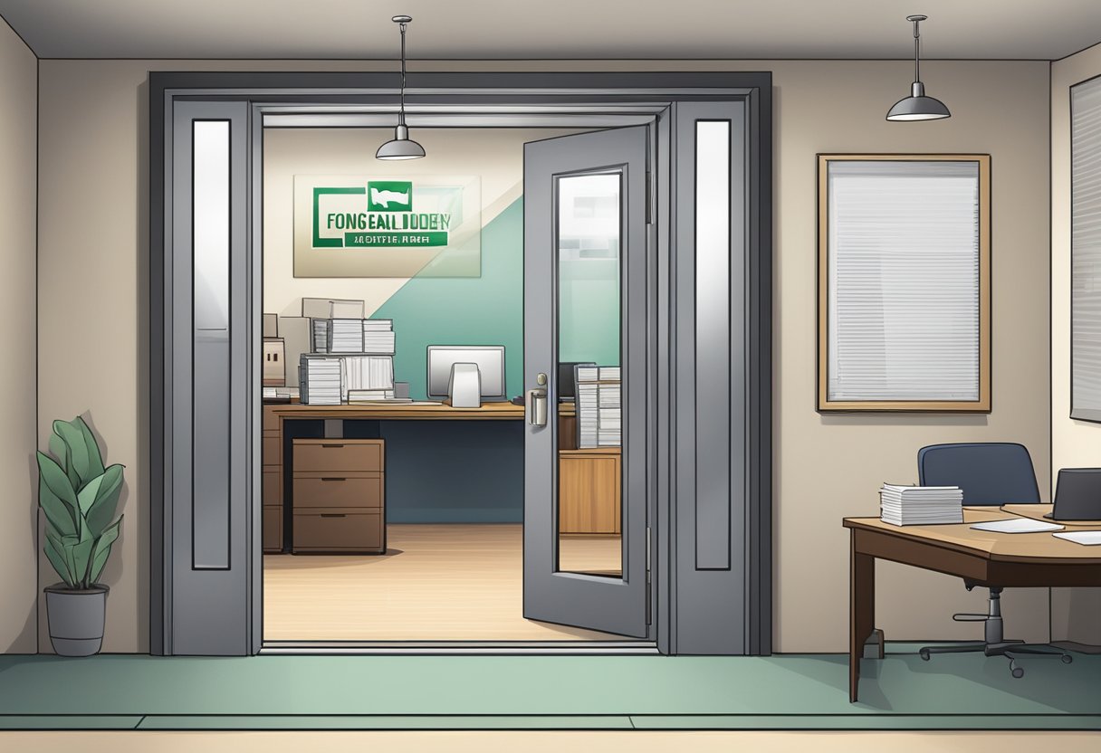 A licensed moneylender's office with a sign "Fong Capital Money Lender" on the door, a desk with paperwork, and a safe in the corner