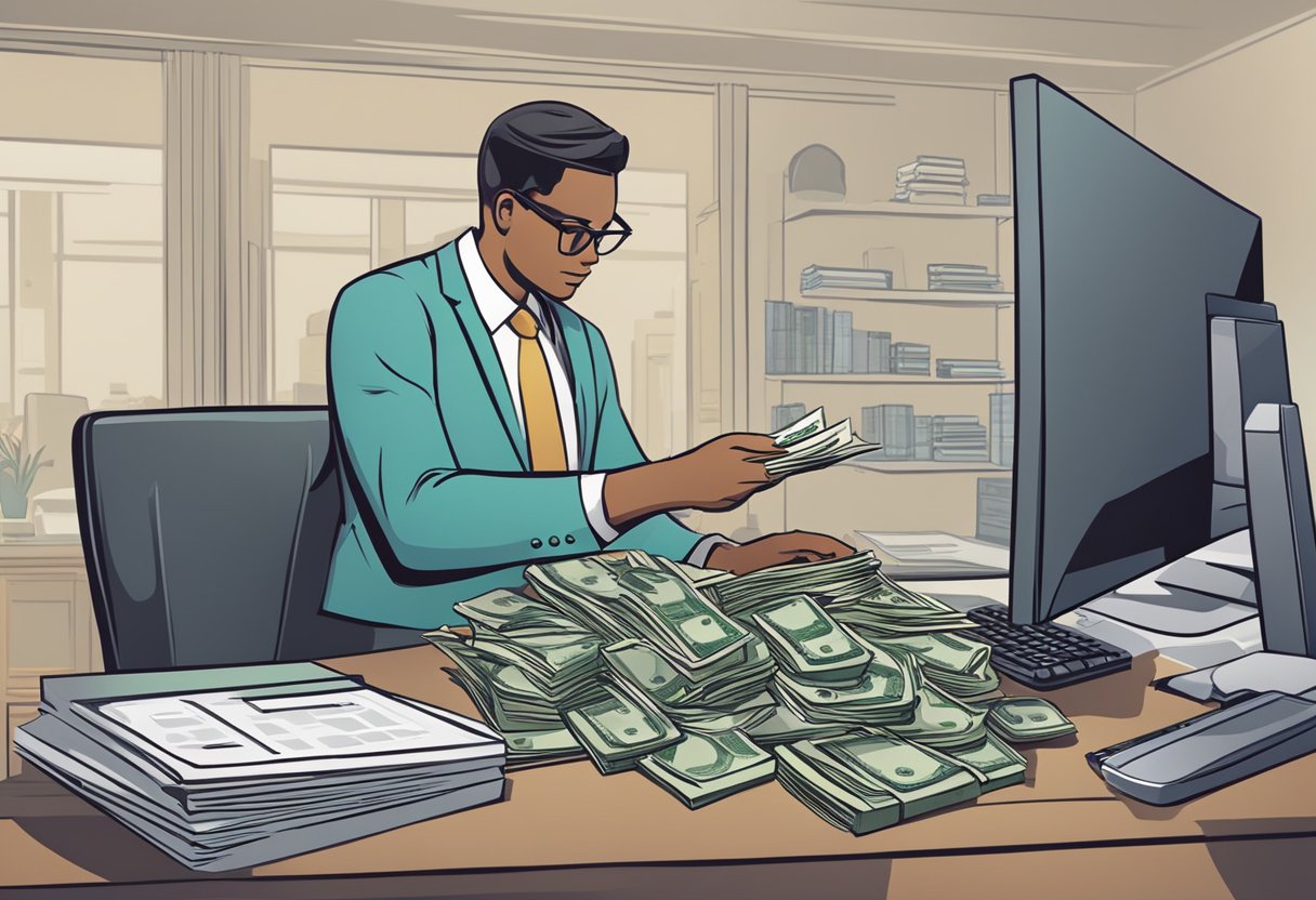 A money lender counting cash, with a ledger and computer nearby for record-keeping. Various investment options displayed on a screen