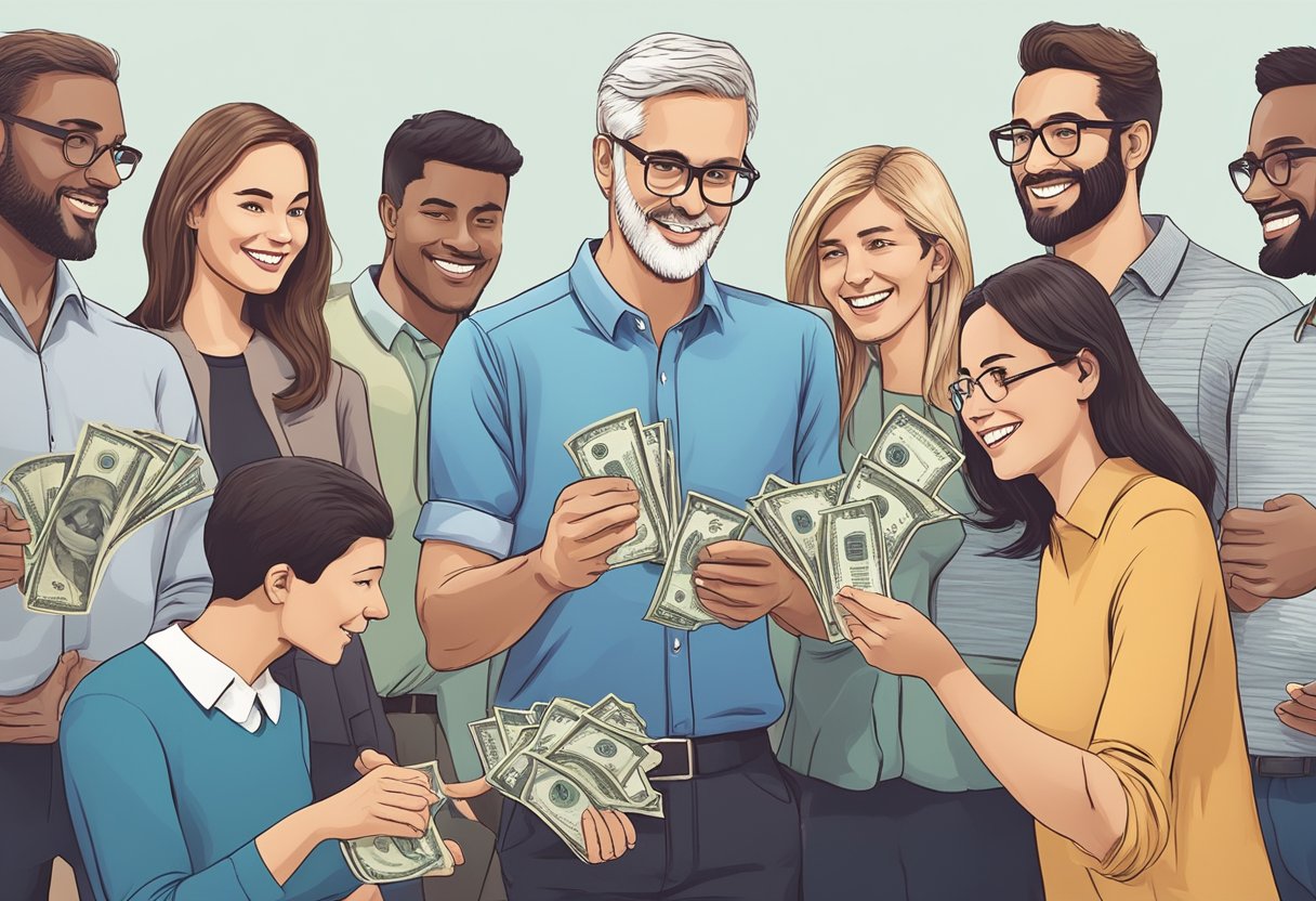 A group of people confidently borrowing money from a licensed lender association, with a sense of trust and assurance in the air