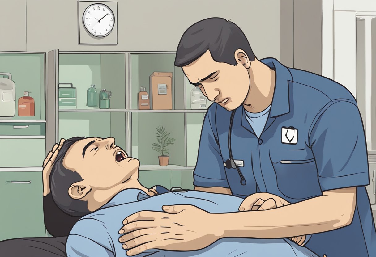 A person clutching their chest, grimacing in pain, while another person administers CPR