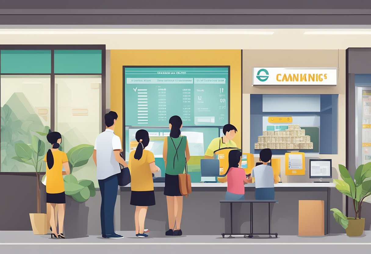 A licensed money lender's office in Jurong East, with a sign prominently displayed. Customers wait in line, while a staff member assists a client