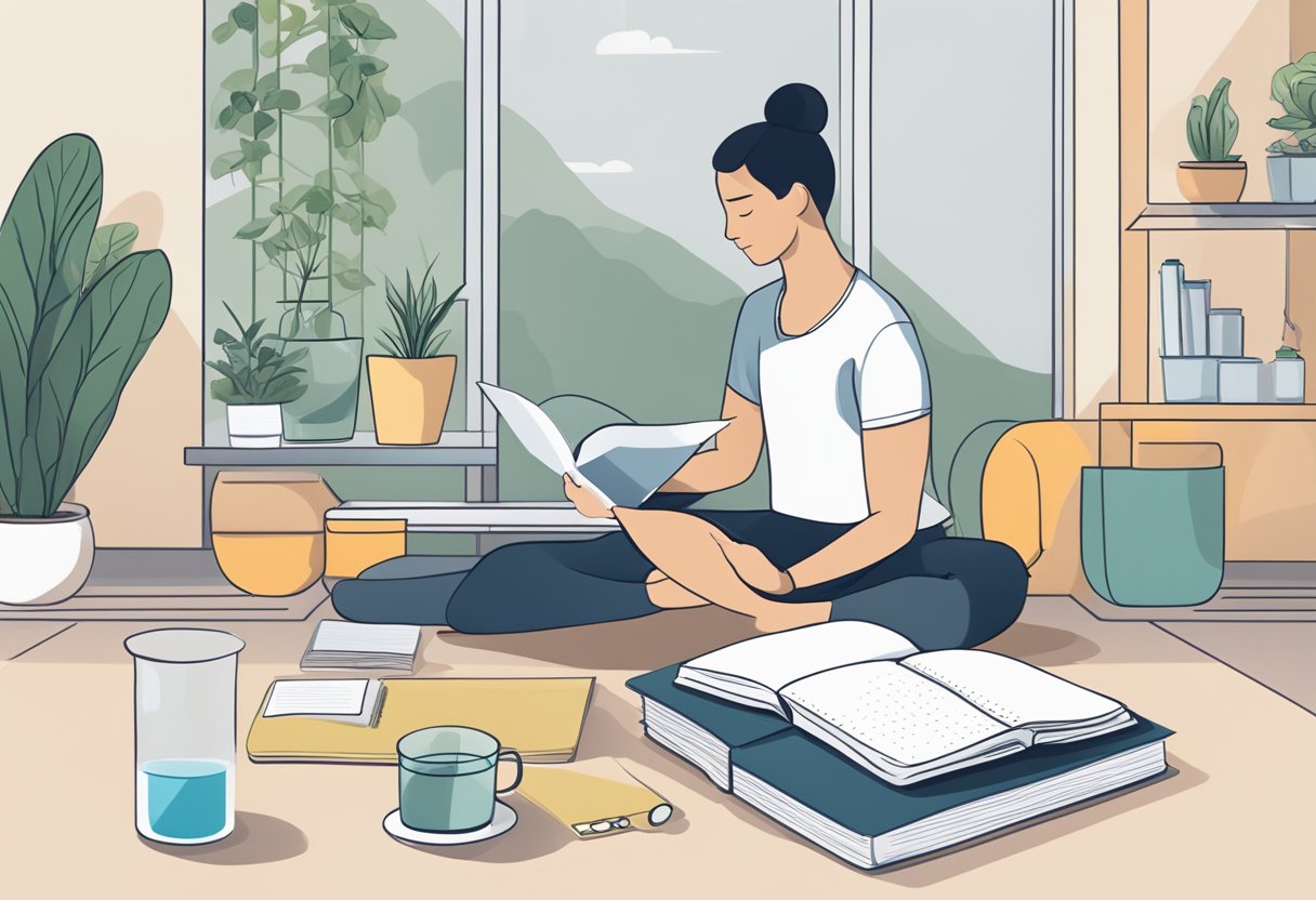 A person sitting at a desk with a glass of water, herbal tea, and a journal. A yoga mat and exercise equipment are nearby