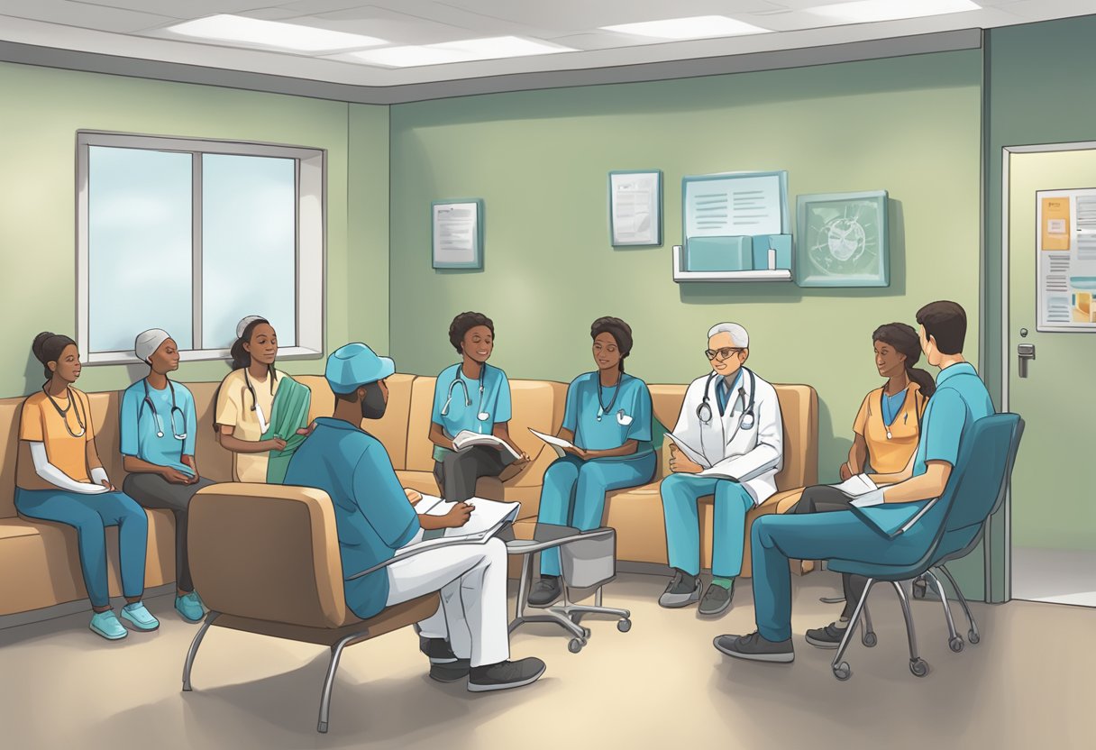 A doctor holds a Sozo Cardiology FAQ pamphlet. The waiting room is busy, with patients sitting and reading. The doctor is explaining something to a patient
