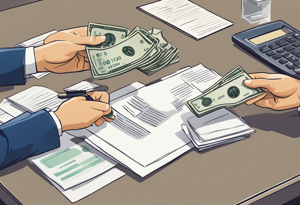 A person handing over money to a borrower with a signed contract on a table
