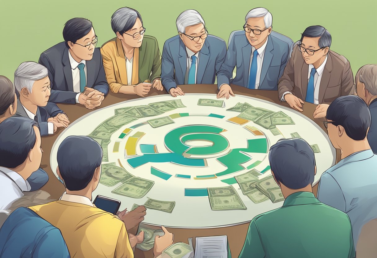 People gathered around a forum sign, asking questions to a licensed money lender in Singapore
