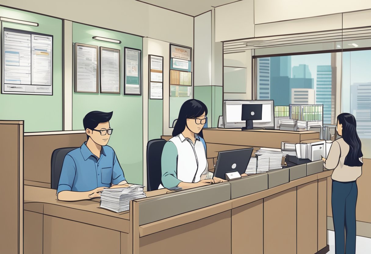 A licensed moneylender's office in Singapore, with a sign displaying the company's name and logo. A professional-looking staff member assists a customer with paperwork at the counter