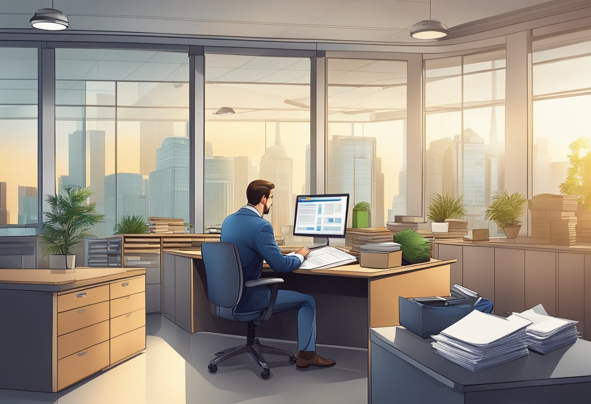 A banker reviews and organizes loan documents in a secure office setting