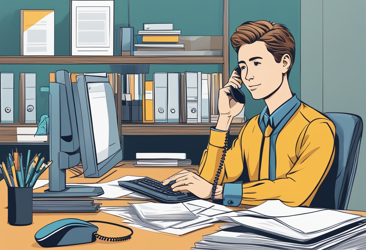 A person sitting at a desk, surrounded by paperwork and a computer, while speaking on the phone with a customer