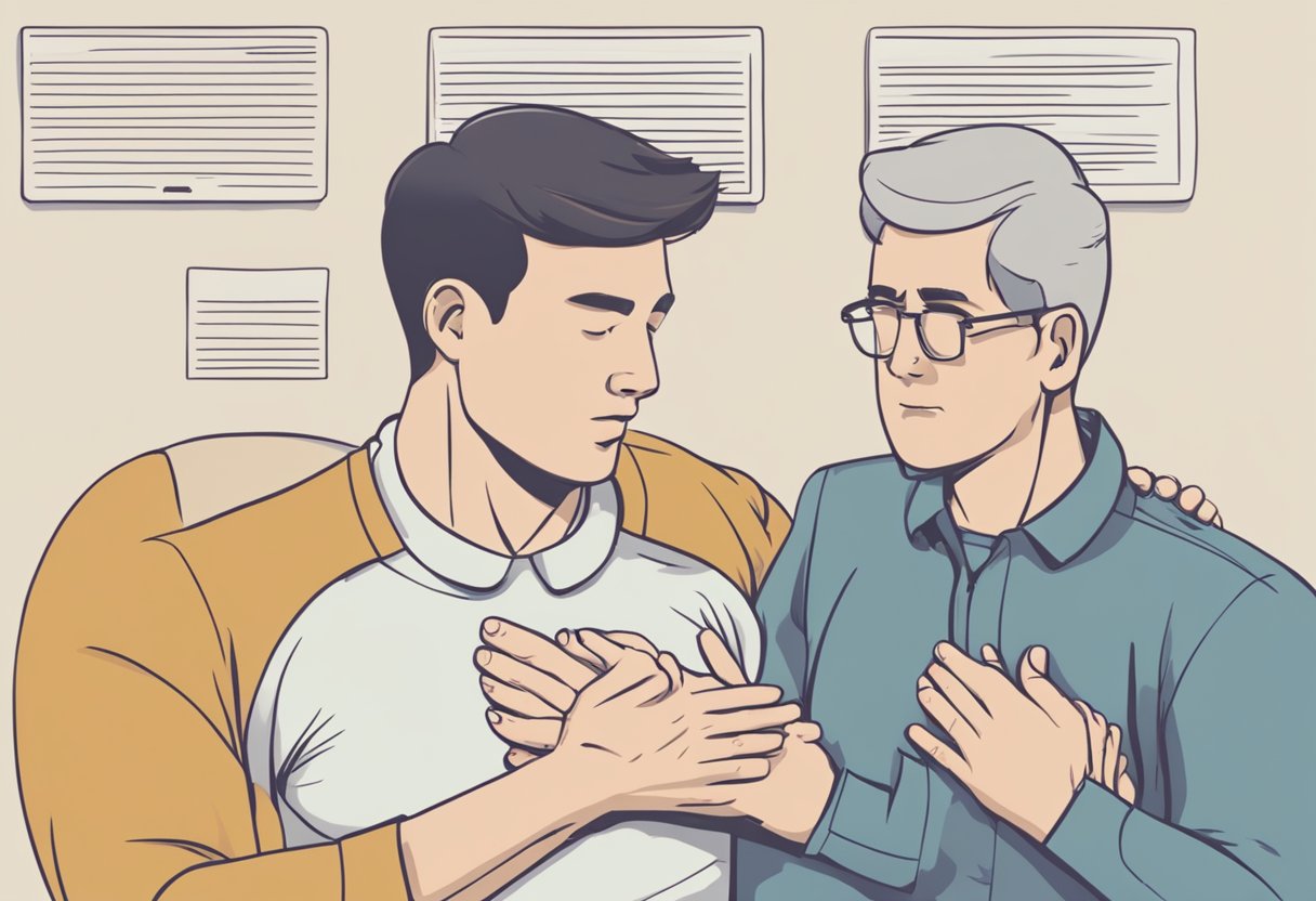 A person clutching their chest, grimacing in pain, while another person administers CPR. Text reads "Frequently Asked Questions heart attack symptoms and first aid."
