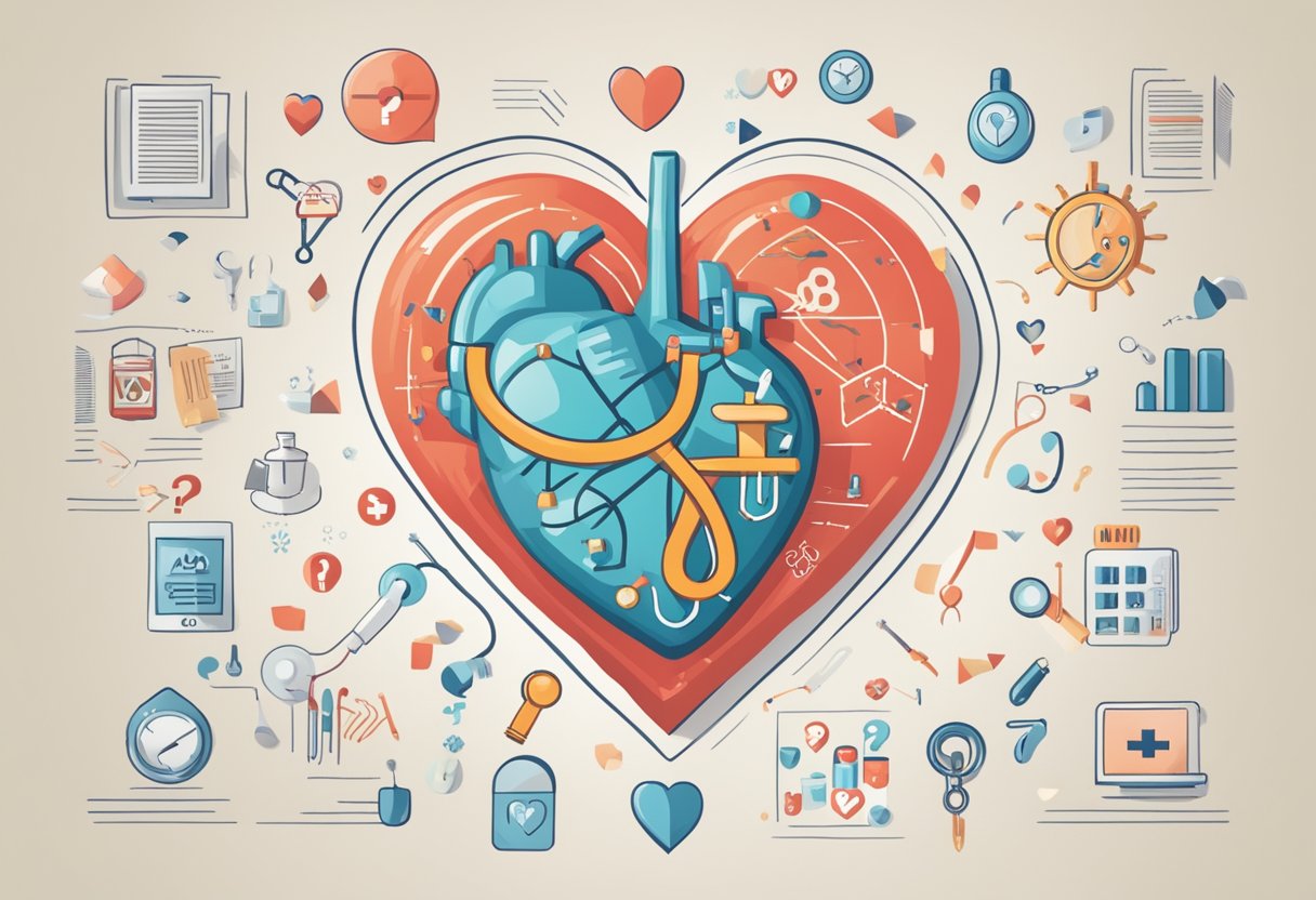 A heart with a question mark hovering above it, surrounded by medical symbols and text "Frequently Asked Questions coronary heart disease chd."