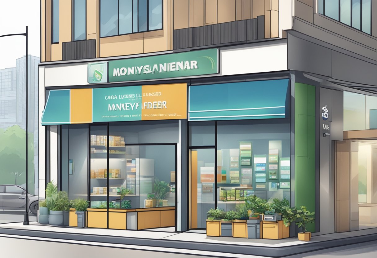 A licensed moneylender's storefront in Bukit Panjang, with clear signage and a professional-looking office interior