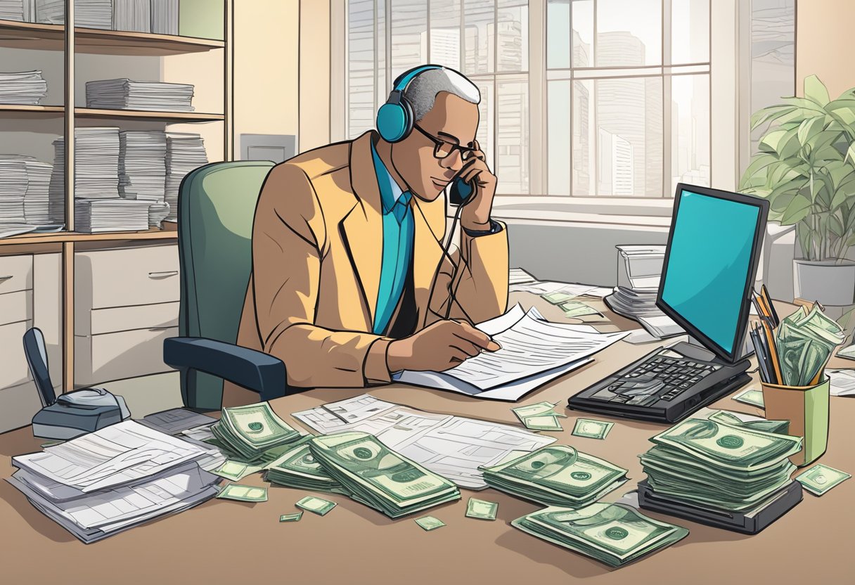 A person sitting at a desk, filling out paperwork while talking on the phone with a money lender. Papers and a computer are scattered on the desk