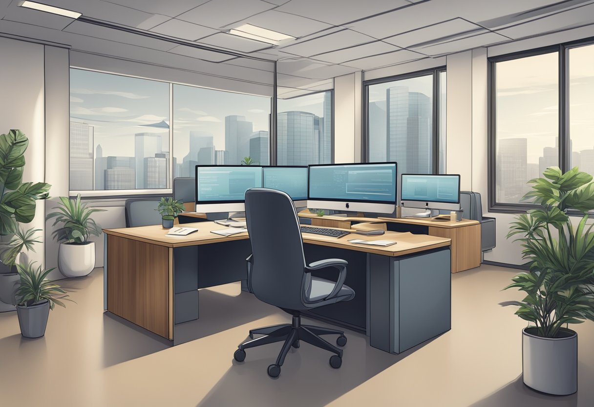 A modern office with a sleek desk, computer, and a sign reading "Frequently Asked Questions fong capital money lender."