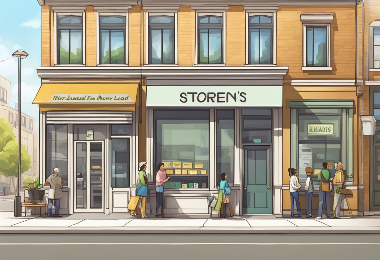 A licensed money lender's storefront on a sunny Sunday, with a visible open sign and a line of customers waiting to enter