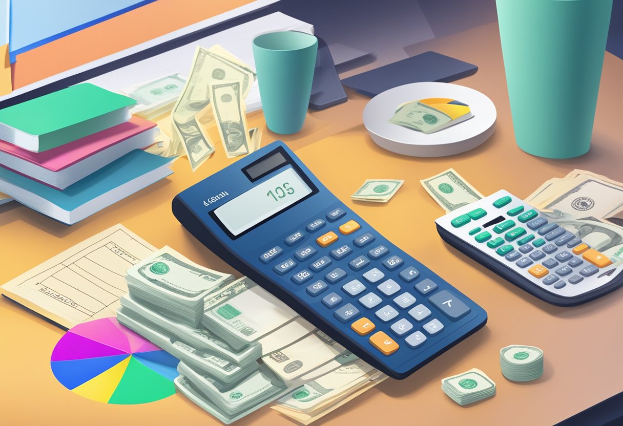 A calculator sits on a desk, displaying the logo of a licensed money lender. Papers with financial figures are scattered around it