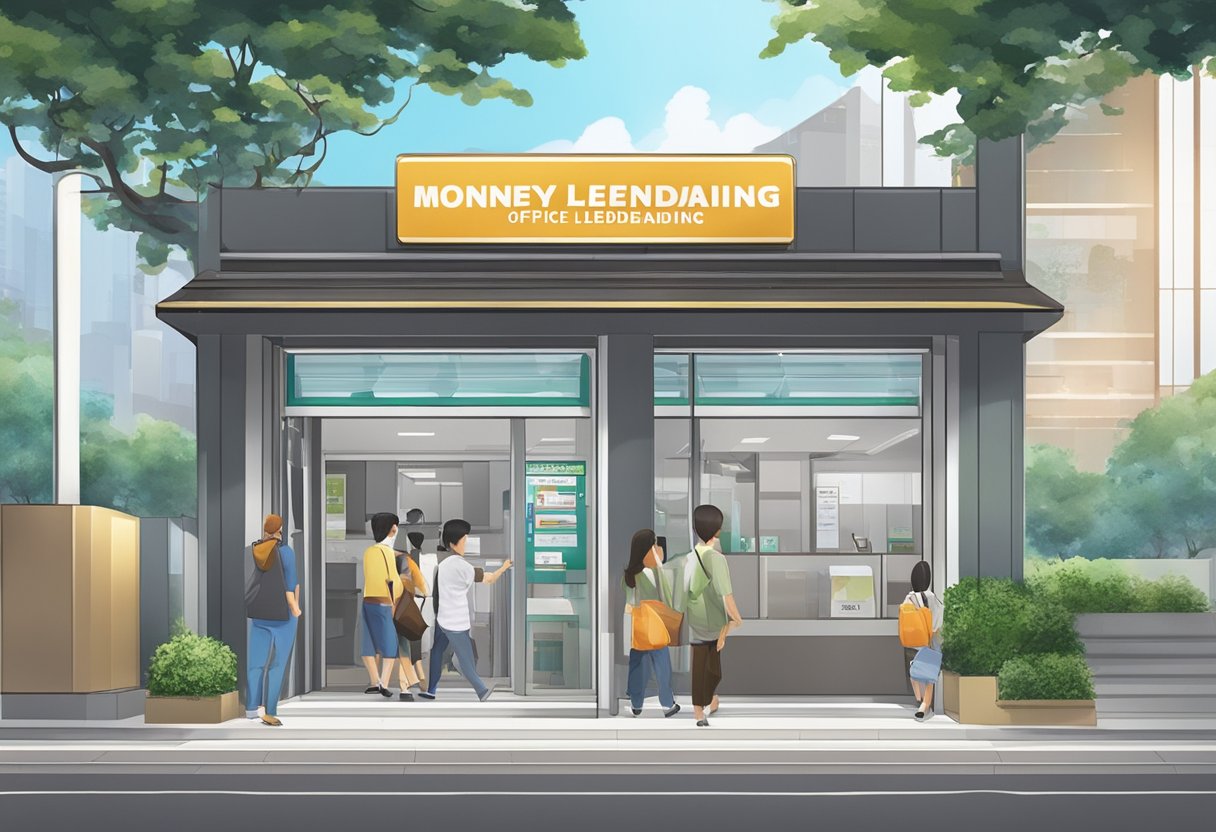 A moneylending office in Jurong West, with a licensed sign displayed prominently. Customers are seen entering and exiting the establishment