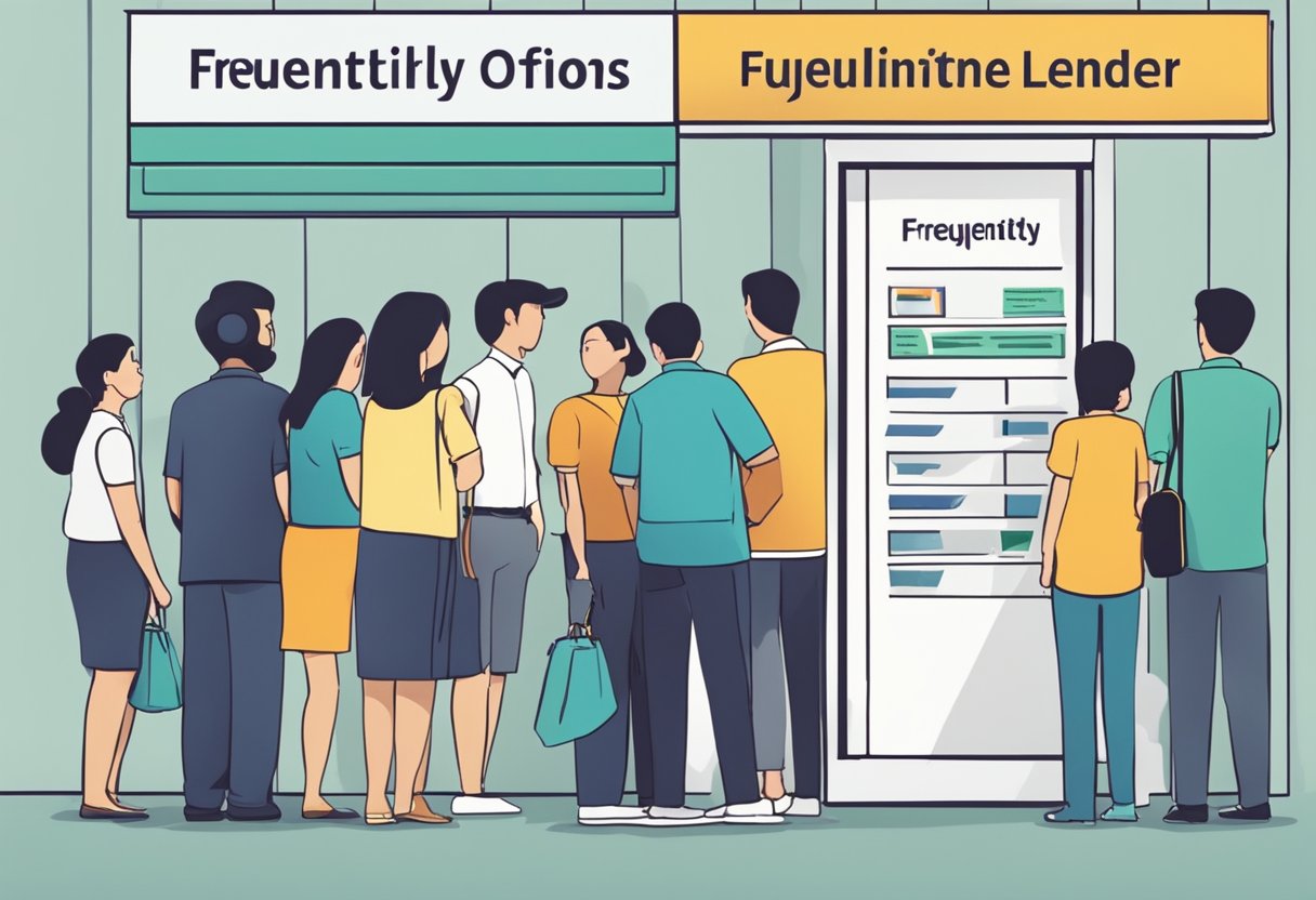 Customers lining up at a credit money lender's office in Singapore, with a sign displaying "Frequently Asked Questions" prominently