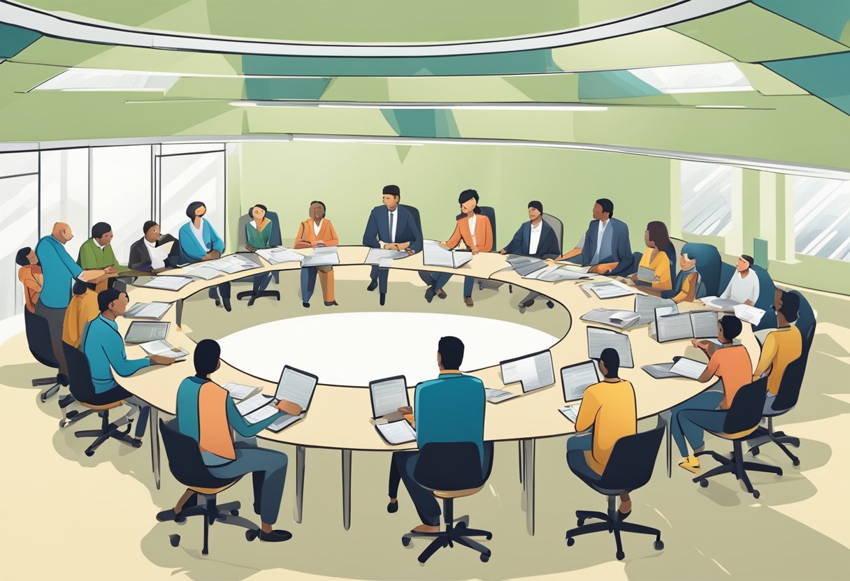 A group of people gather in a forum, discussing and exchanging information about licensed money lending. Tables and chairs are arranged in a circle, with documents and contracts scattered around