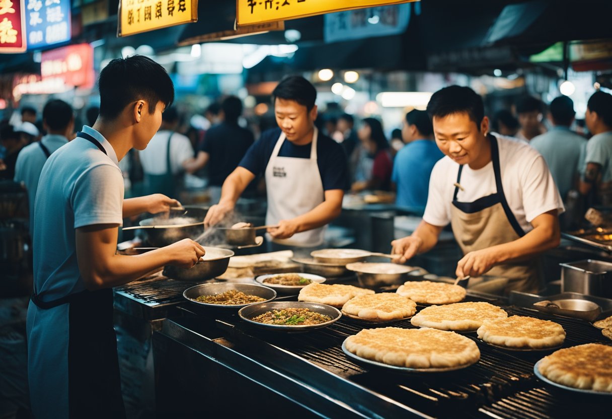 A bustling night market in Taiwan, with vendors expertly flipping oyster pancakes on sizzling griddles. The aroma of savory batter and fresh seafood fills the air, while locals and tourists alike line up to savor this beloved Taiwanese street food