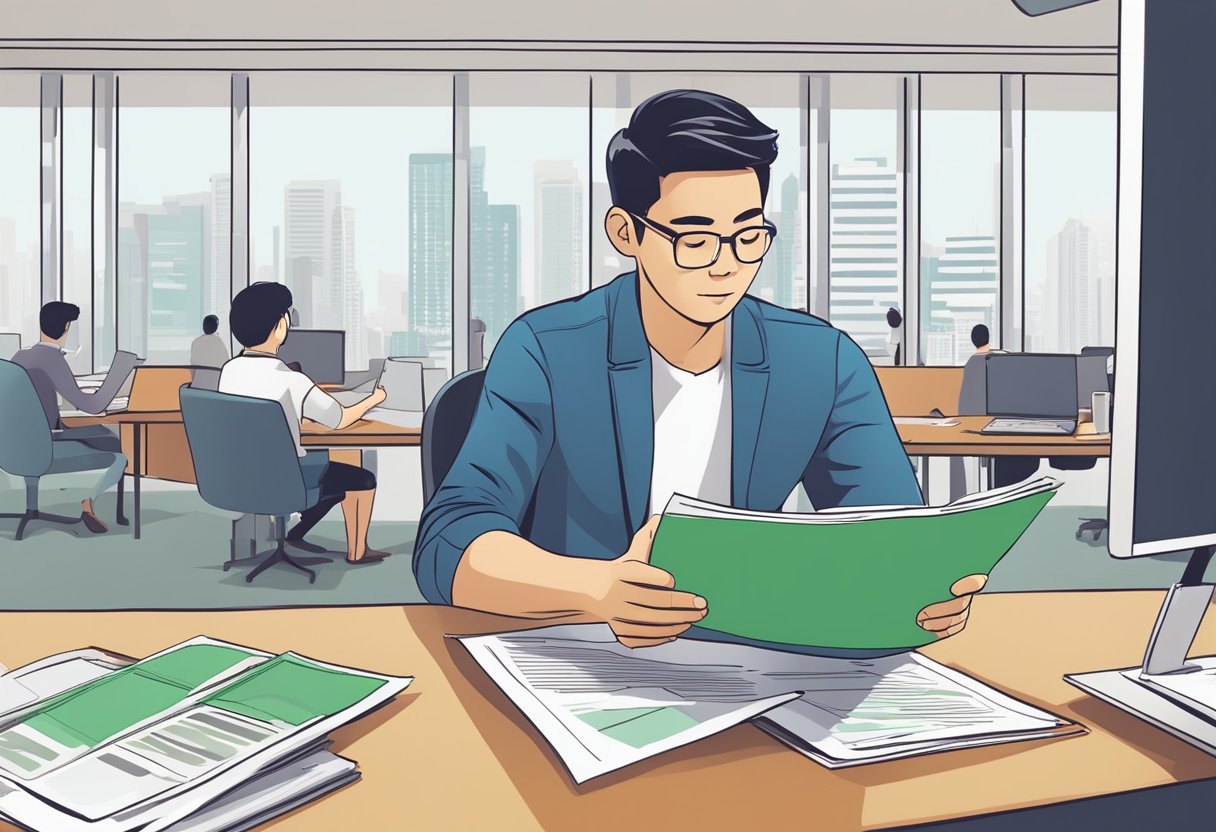 A person comparing licensed money lenders' rates and terms in Jurong East. The individual is carefully reading through the loan agreement and asking questions