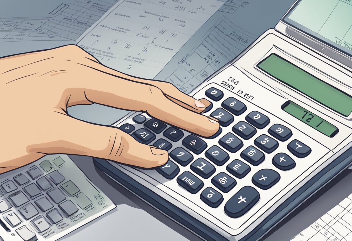 A calculator sits on a desk, displaying loan terms. A person's hand hovers over the buttons, ready to input data. The screen shows the calculated results
