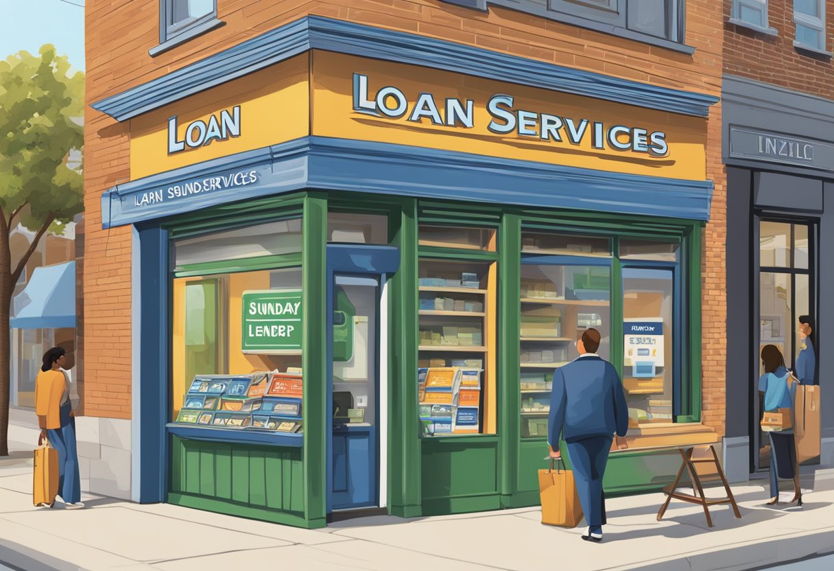 A licensed money lender's sign reads "Loan Services and Terms Offered on Sundays." The storefront is open with a "Sunday" sign displayed prominently