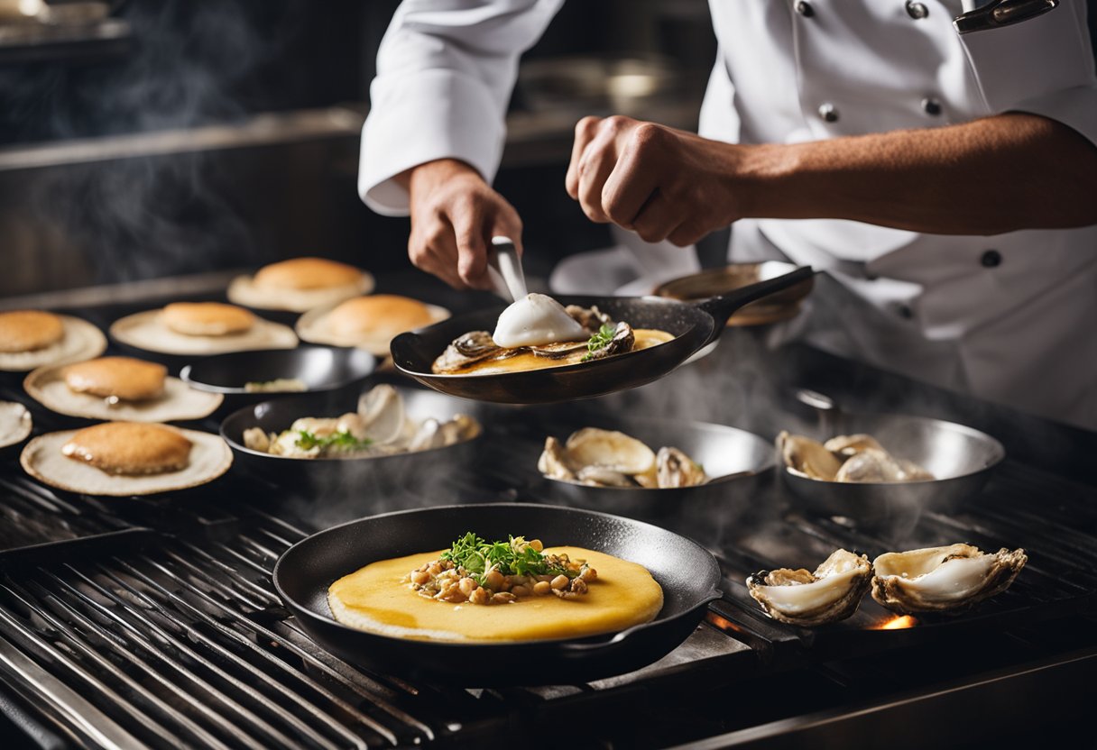 A chef pours batter onto a sizzling hot griddle, adds fresh oysters and crispy shallots, then flips the pancake to a golden brown perfection
