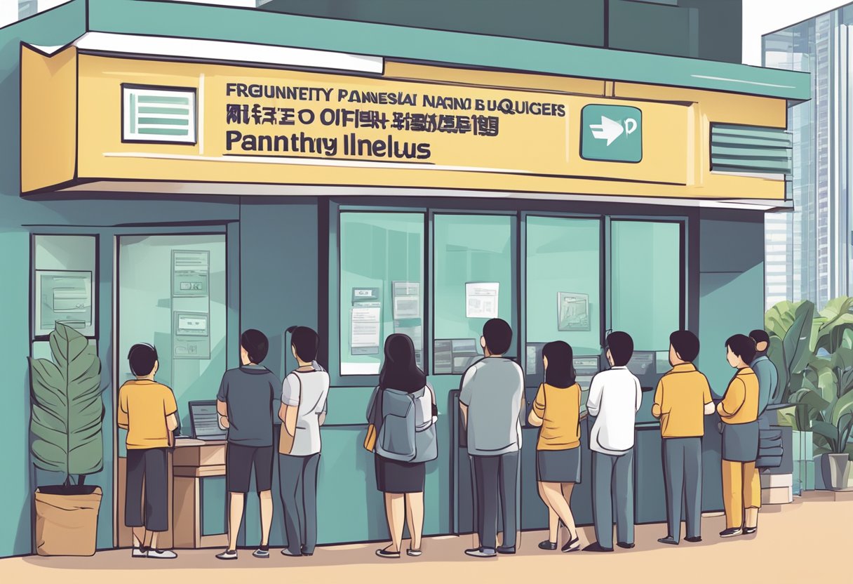 A licensed money lender's office in Bukit Panjang, with a sign displaying "Frequently Asked Questions" and people lining up for assistance