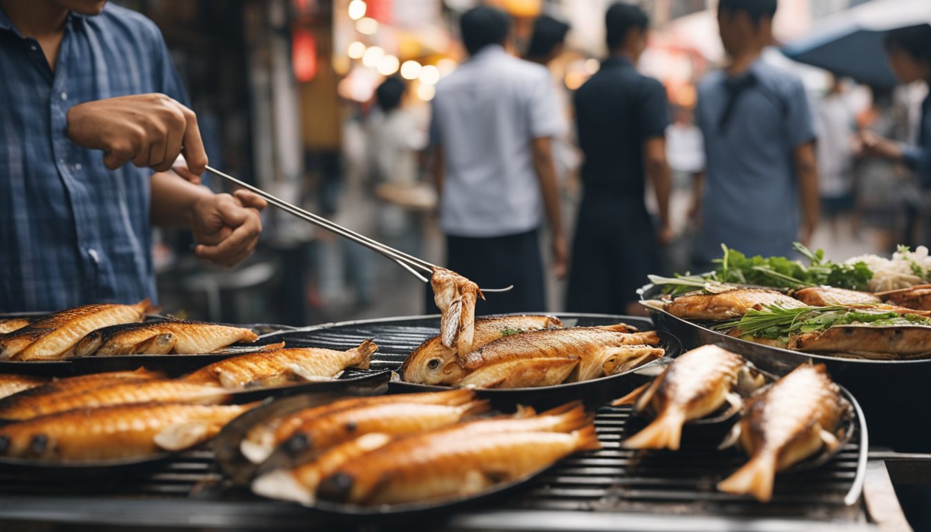 A person finds Taka Grilled Fish on a bustling street corner. The aroma of sizzling fish wafts through the air as customers line up for a taste