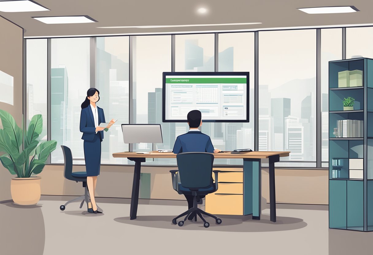 A licensed money lender in Singapore explains lending process to a customer in an office setting, with a sign displaying their license prominently