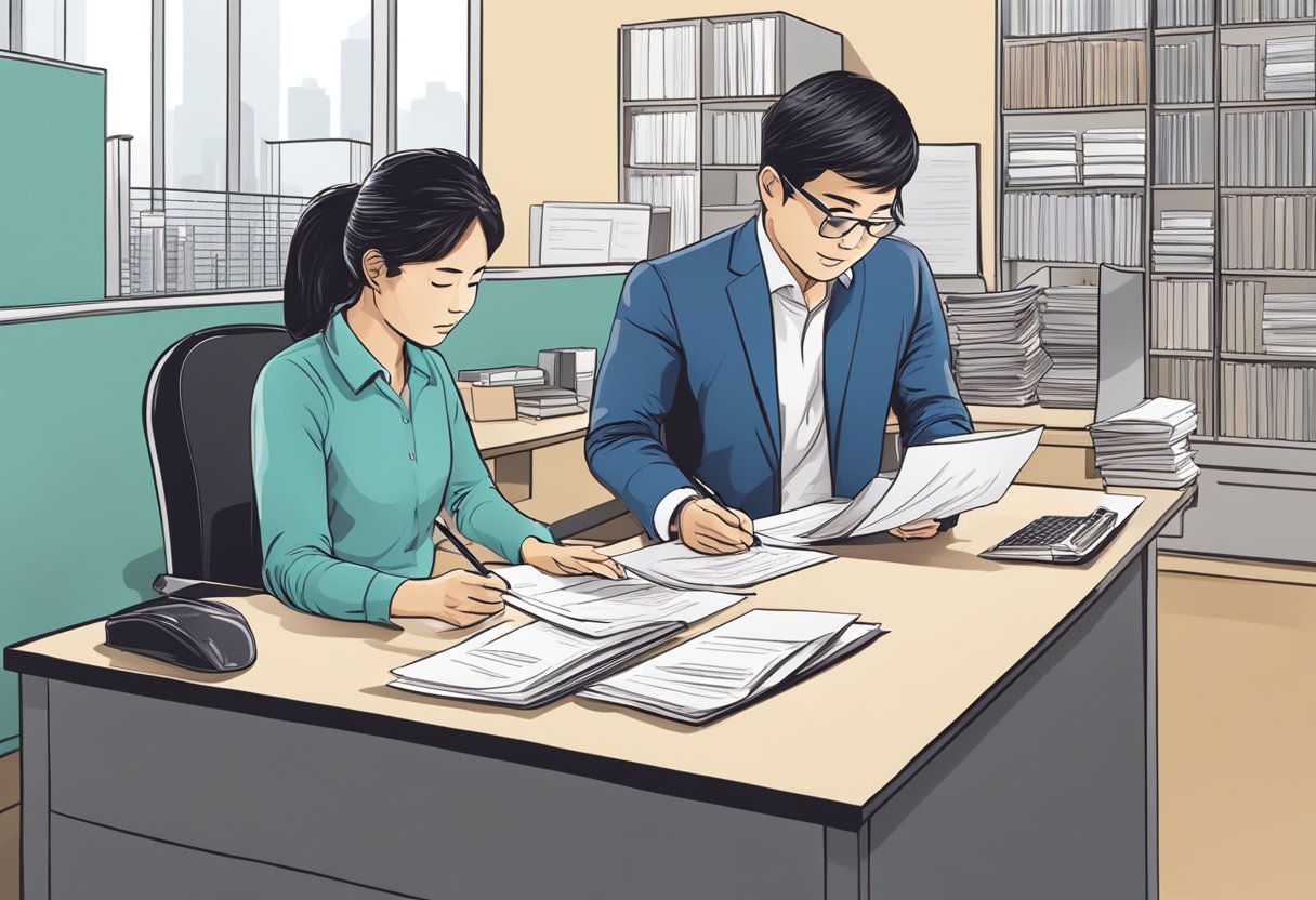 A customer fills out paperwork at a desk in a licensed money lender's office in Jurong West, as a staff member reviews documents and offers assistance