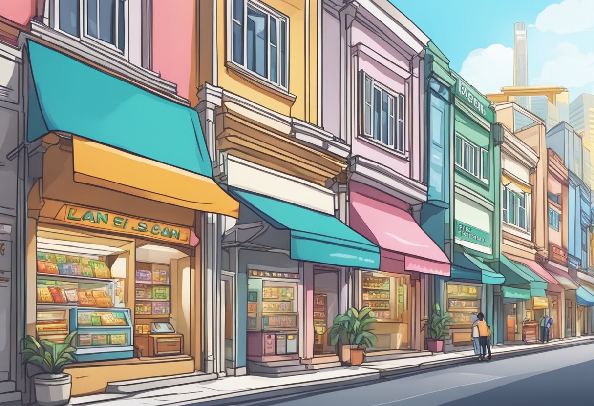 A row of money lending storefronts line a bustling street in Singapore. Brightly lit signs and colorful banners advertise various loan services