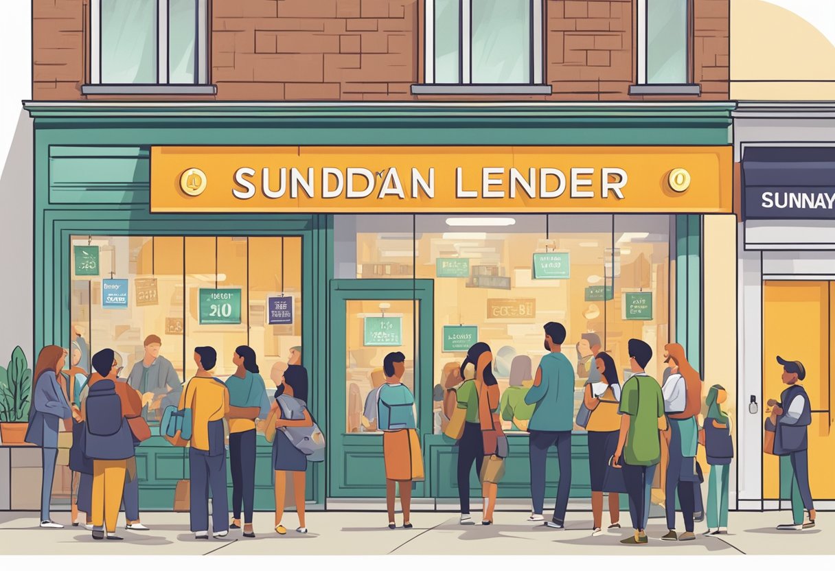 A licensed money lender's storefront with a prominent "Open on Sunday" sign, surrounded by a queue of customers and a busy atmosphere