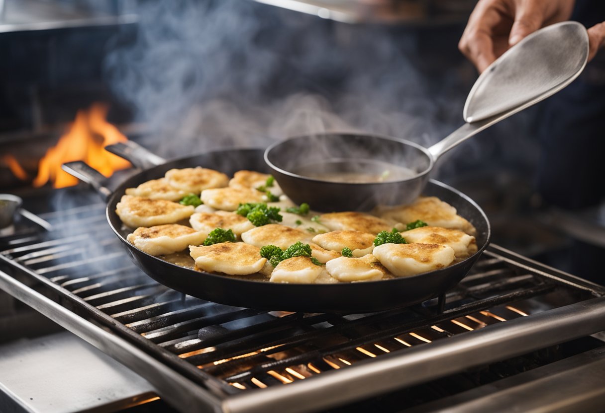 A sizzling hot griddle cooks a Taiwanese oyster pancake, emitting a savory aroma as steam rises from the crispy edges