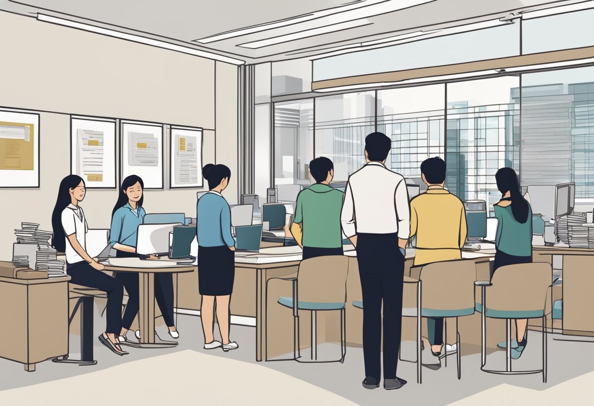 A busy licensed money lender office in Jurong West, with customers waiting in line and staff assisting with frequently asked questions