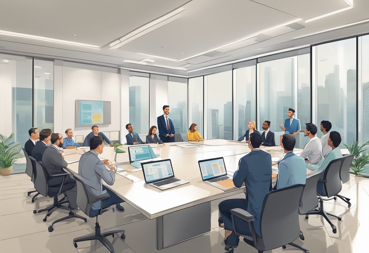 A group of professionals discussing and evaluating various loan products and services in a conference room