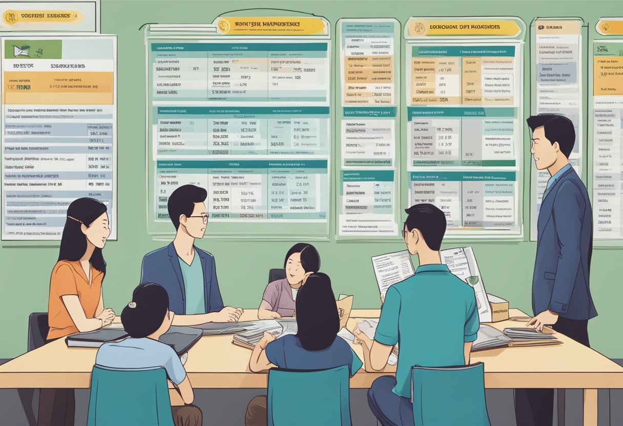 A group of people in Singapore discussing money lending, with a list of licensed moneylenders displayed on a signboard