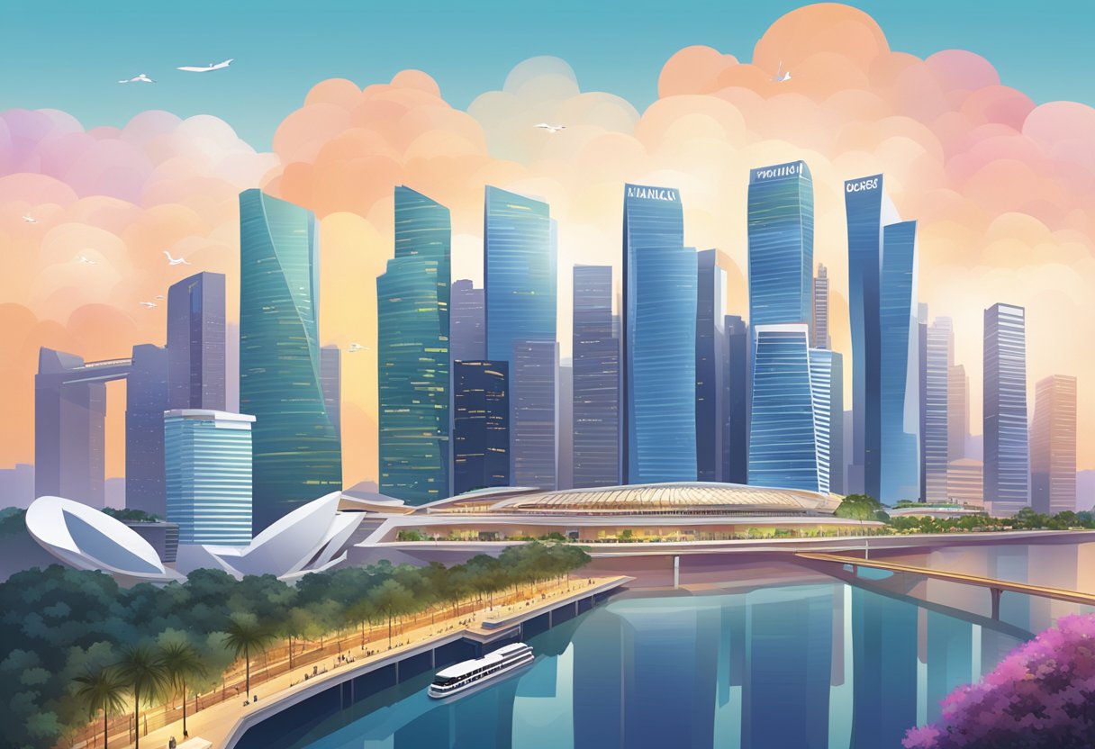 A vibrant cityscape of Singapore with the iconic Marina Bay Sands and the bustling financial district, showcasing the heart of enterprise in the city