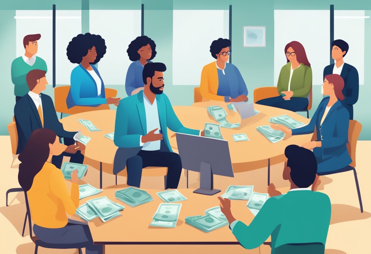 A group of people gathered around a forum, discussing and asking questions about licensed money lending. The atmosphere is engaged and informative
