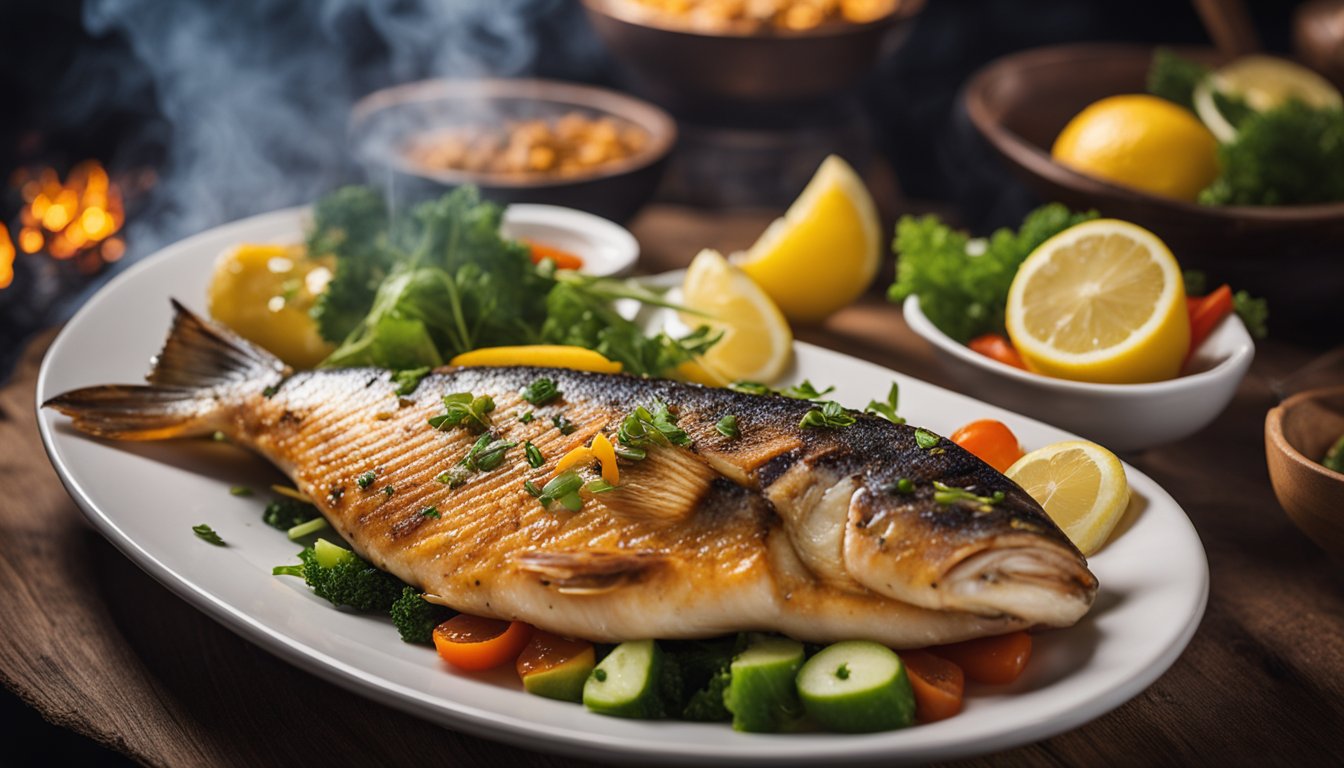 A sizzling taka grilled fish surrounded by aromatic smoke and served with a side of colorful vegetables and a squeeze of fresh lemon