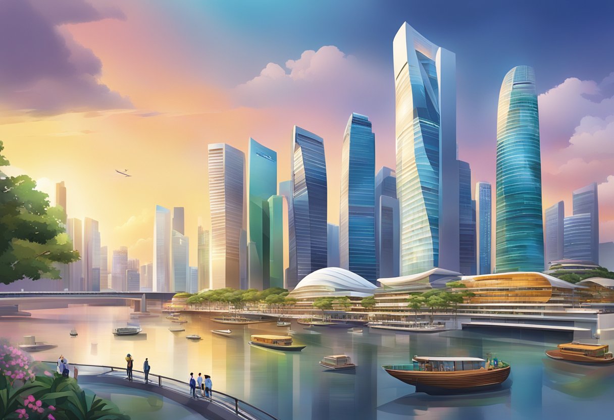 A bustling cityscape with modern skyscrapers and innovative technology hubs, showcasing the vibrant and dynamic spirit of Singapore's enterprises