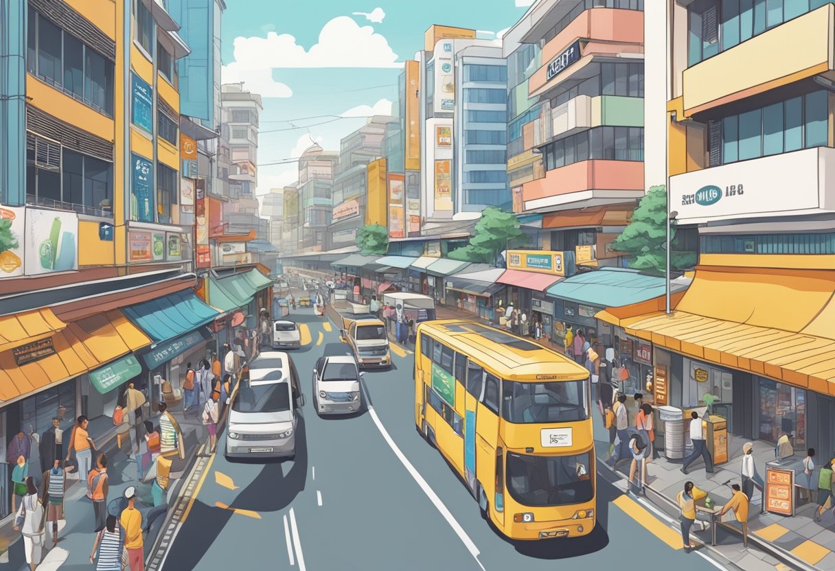 A bustling street in Clementi, with a prominent sign for a licensed money lender, surrounded by busy shops and people going about their daily business